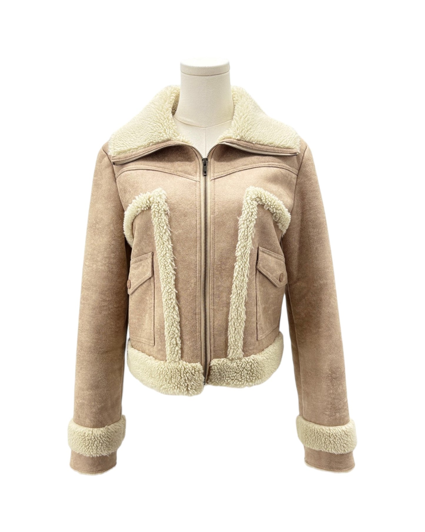 Beige jacket with white fur lining on a mannequin against a white background