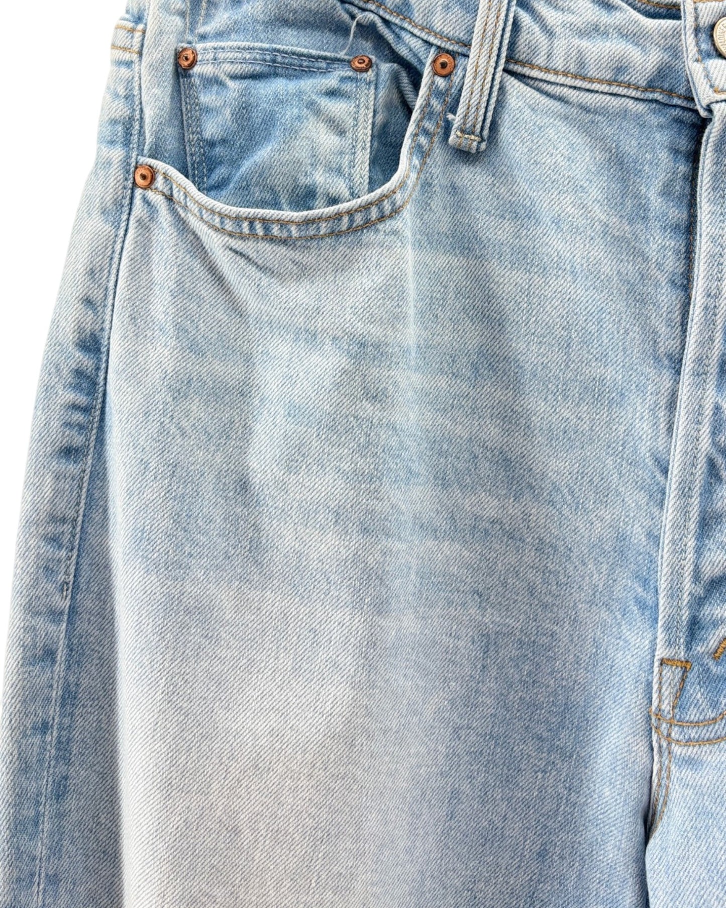 Close-up of light blue denim jeans with stitching details.