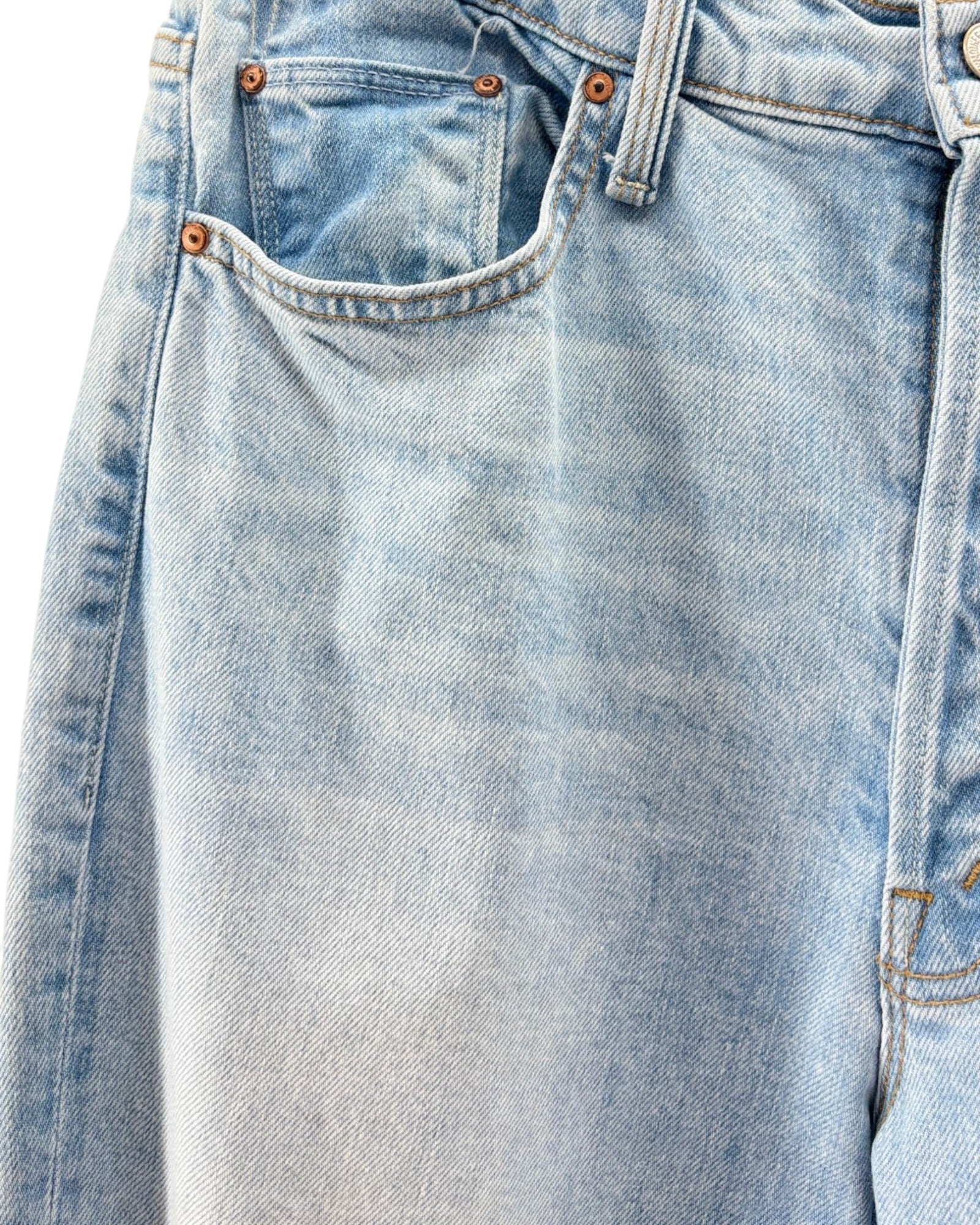 Close-up of light blue denim jeans with stitching details.