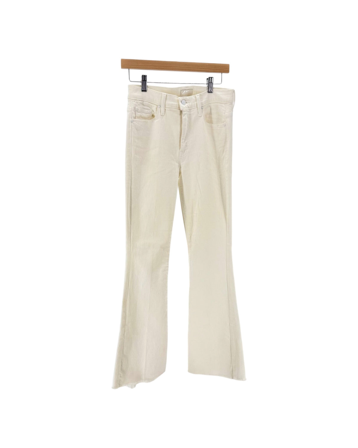 white denim jeans with a slight flare on a hanger on a white background