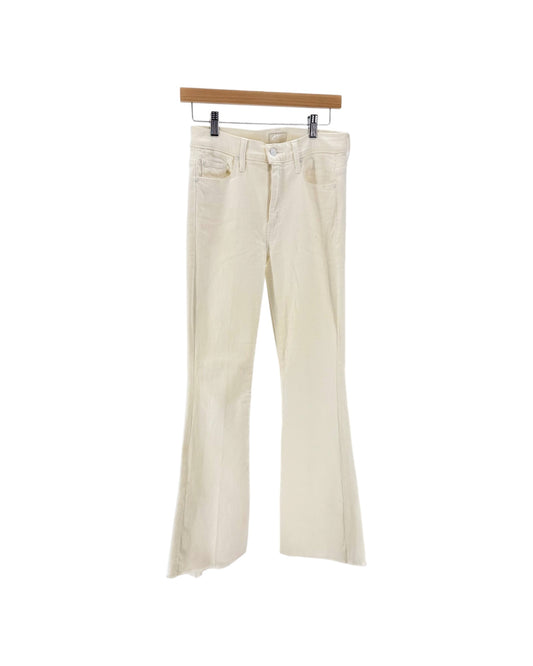 white denim jeans with a slight flare on a hanger on a white background