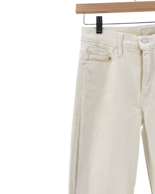 white denim jeans with a slight flare on a hanger on a white background