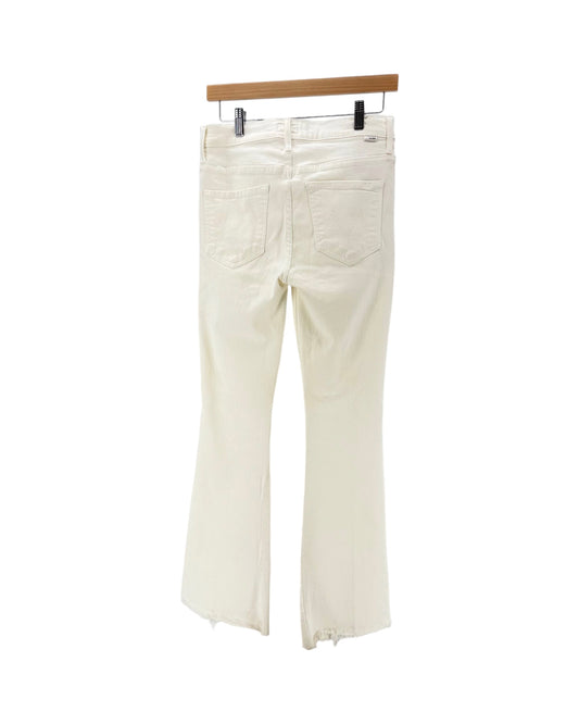 white denim jeans with a slight flare on a hanger on a white background