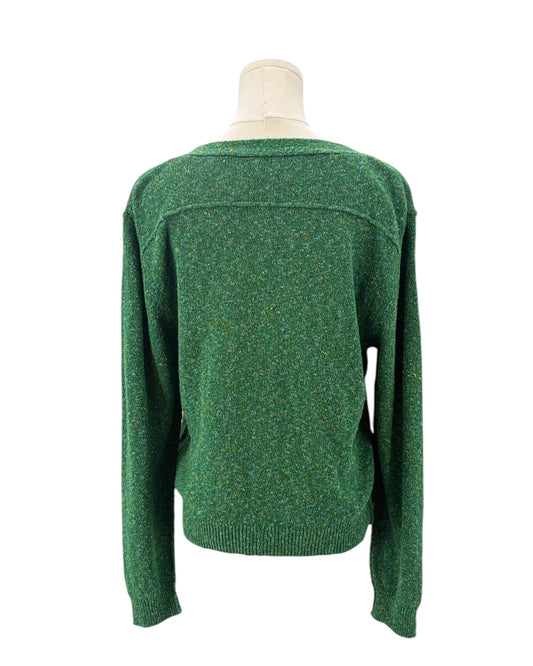 Green cardigan sweater on a mannequin against a white background