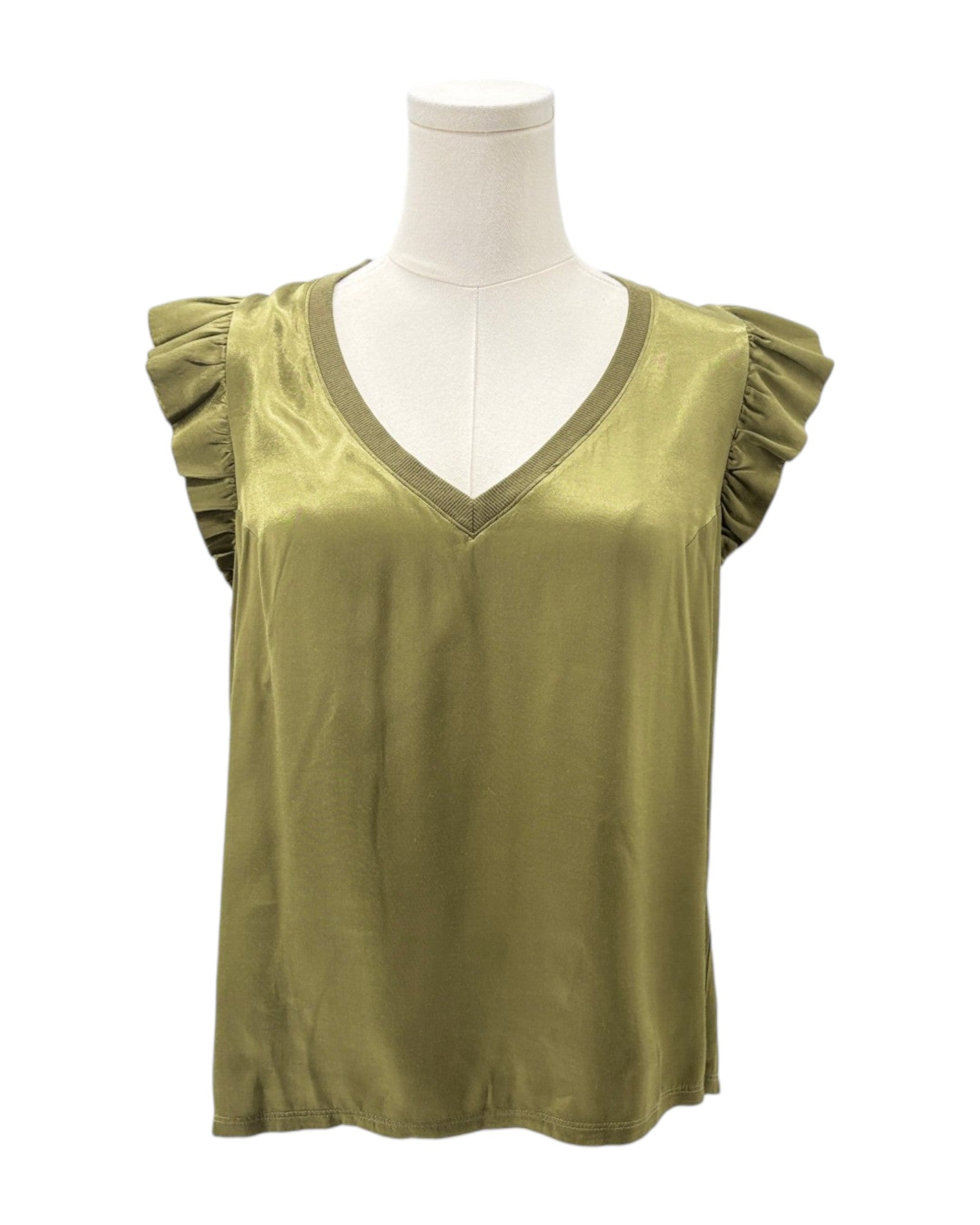 Green blouse with ruffled sleeves on a mannequin against a white background