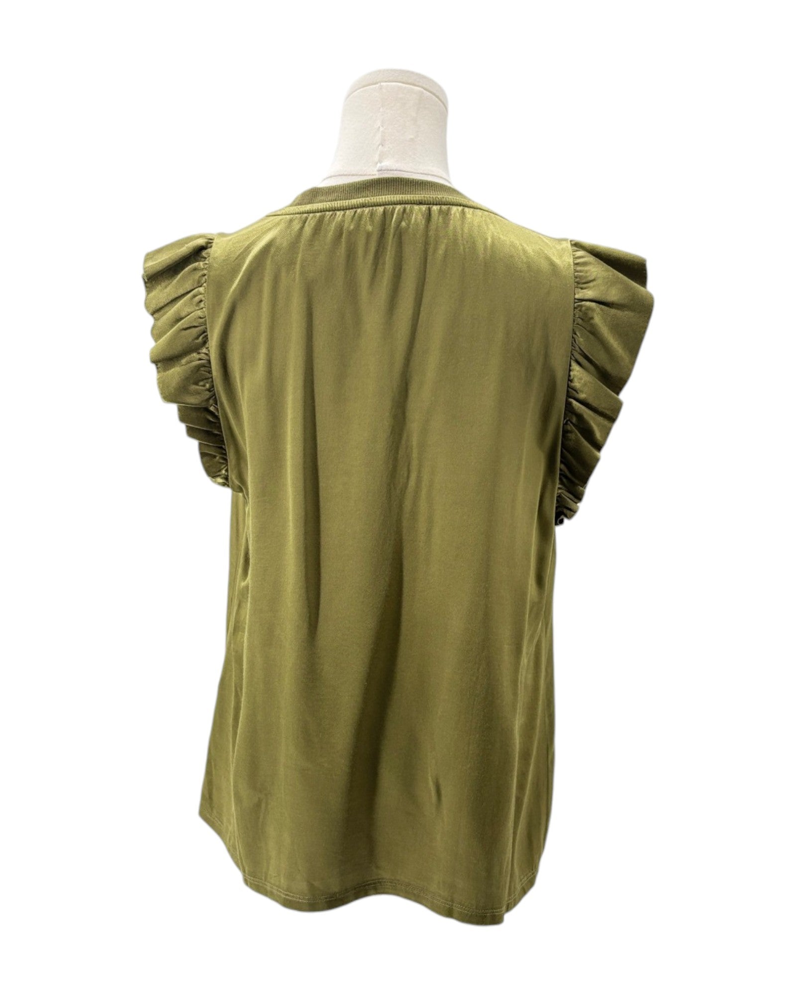 Green sleeveless top on a mannequin against a white background