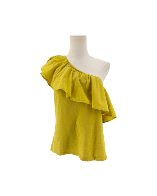 Yellow One shoulder silhouette outlined by a ruffle on a mannequin on a white background