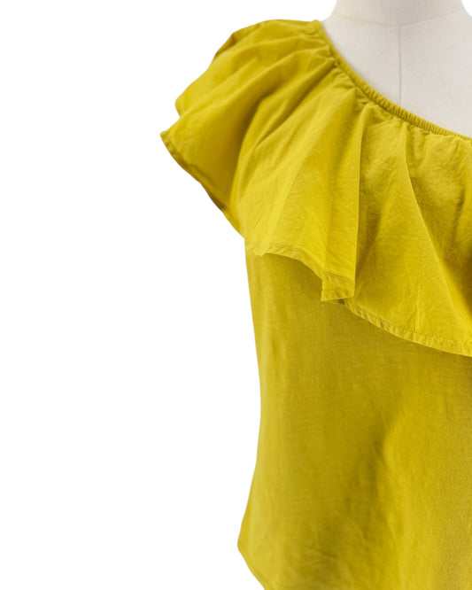 Yellow One shoulder silhouette outlined by a ruffle on a mannequin on a white background