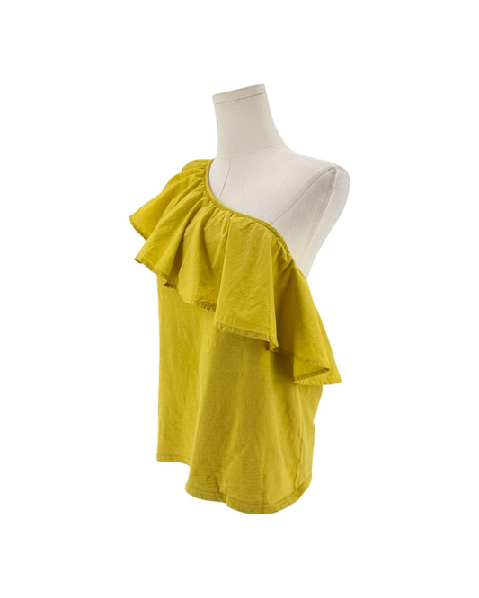 Yellow One shoulder silhouette outlined by a ruffle on a mannequin on a white background