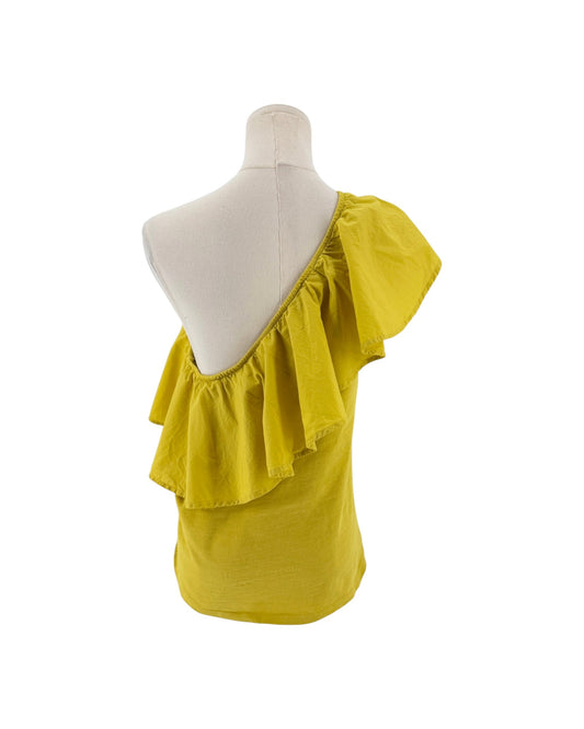 Yellow One shoulder silhouette outlined by a ruffle on a mannequin on a white background