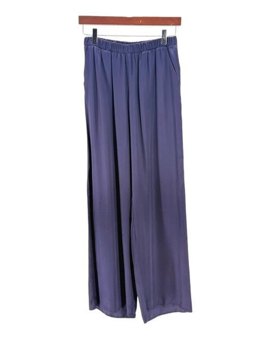 Navy wide-leg pants hanging on a wooden hanger against a white background