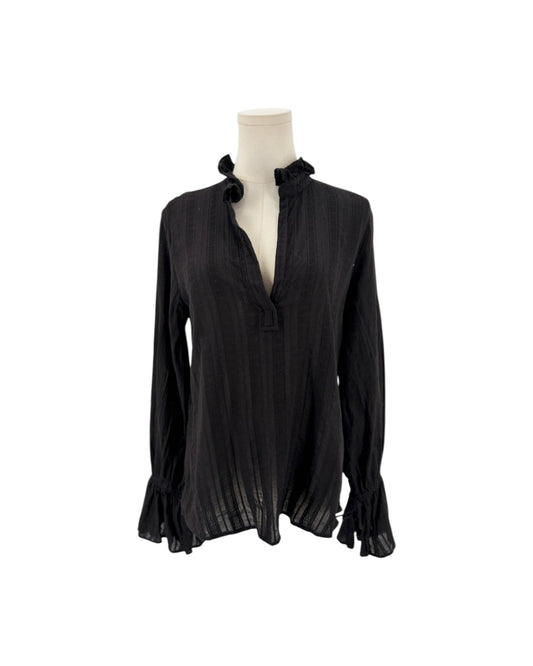 Black long sleeve blouse, stand up ruffle collar, bell cuff with drawstring detail, deep v neck on a mannequin on a white background