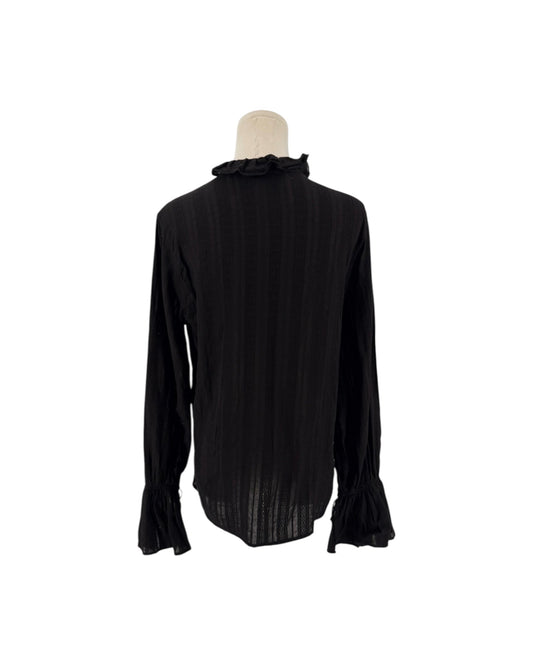 Black long sleeve blouse, stand up ruffle collar, bell cuff with drawstring detail, deep v neck on a mannequin on a white background