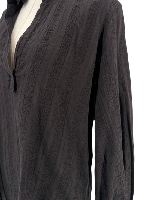 Black long sleeve blouse, stand up ruffle collar, bell cuff with drawstring detail, deep v neck on a mannequin on a white background