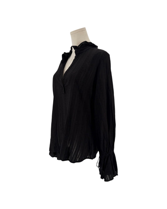 Black long sleeve blouse, stand up ruffle collar, bell cuff with drawstring detail, deep v neck on a mannequin on a white background