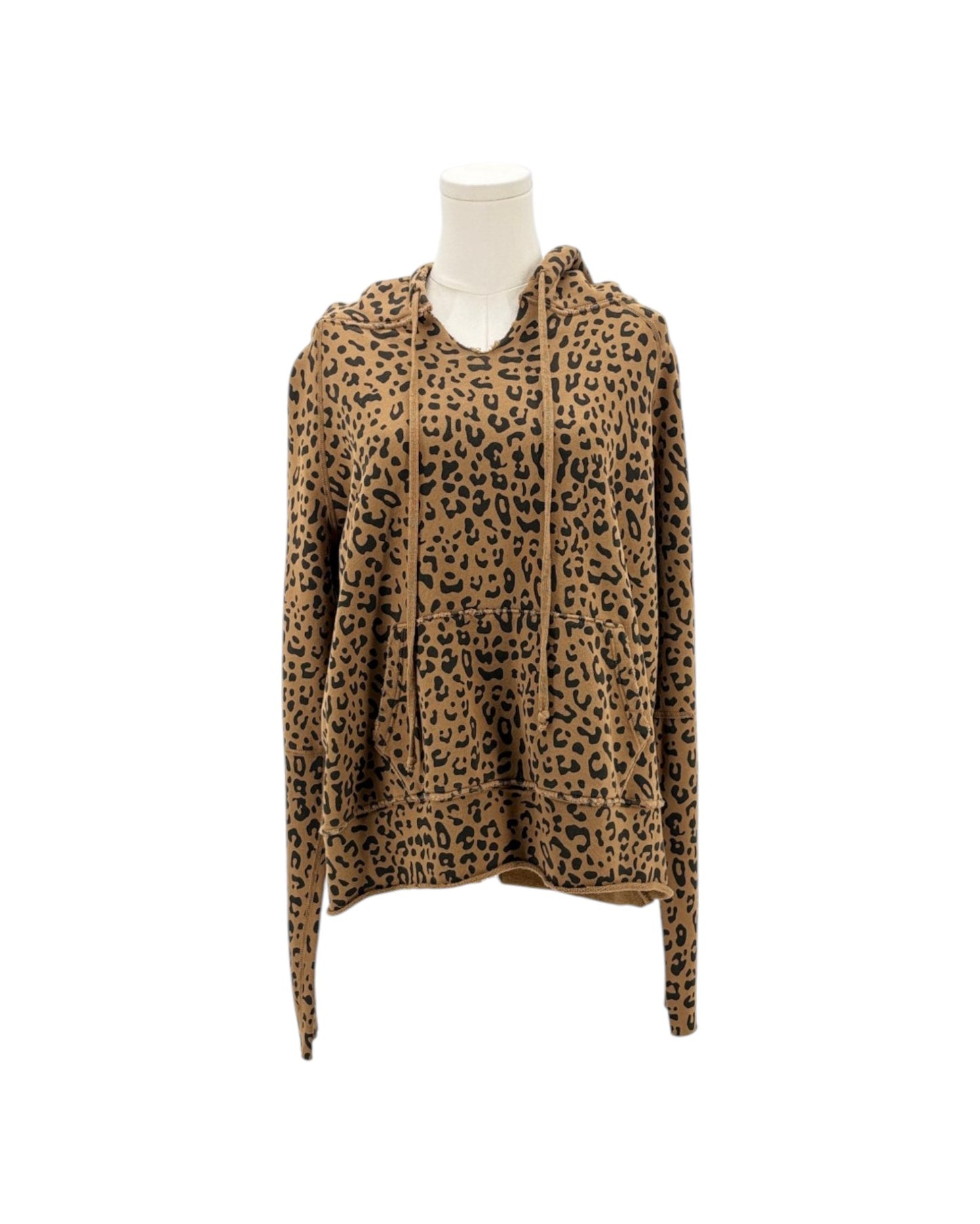 A leopard print hoodie with a brown and black animal pattern, displayed on a white mannequin torso against a plain white background.