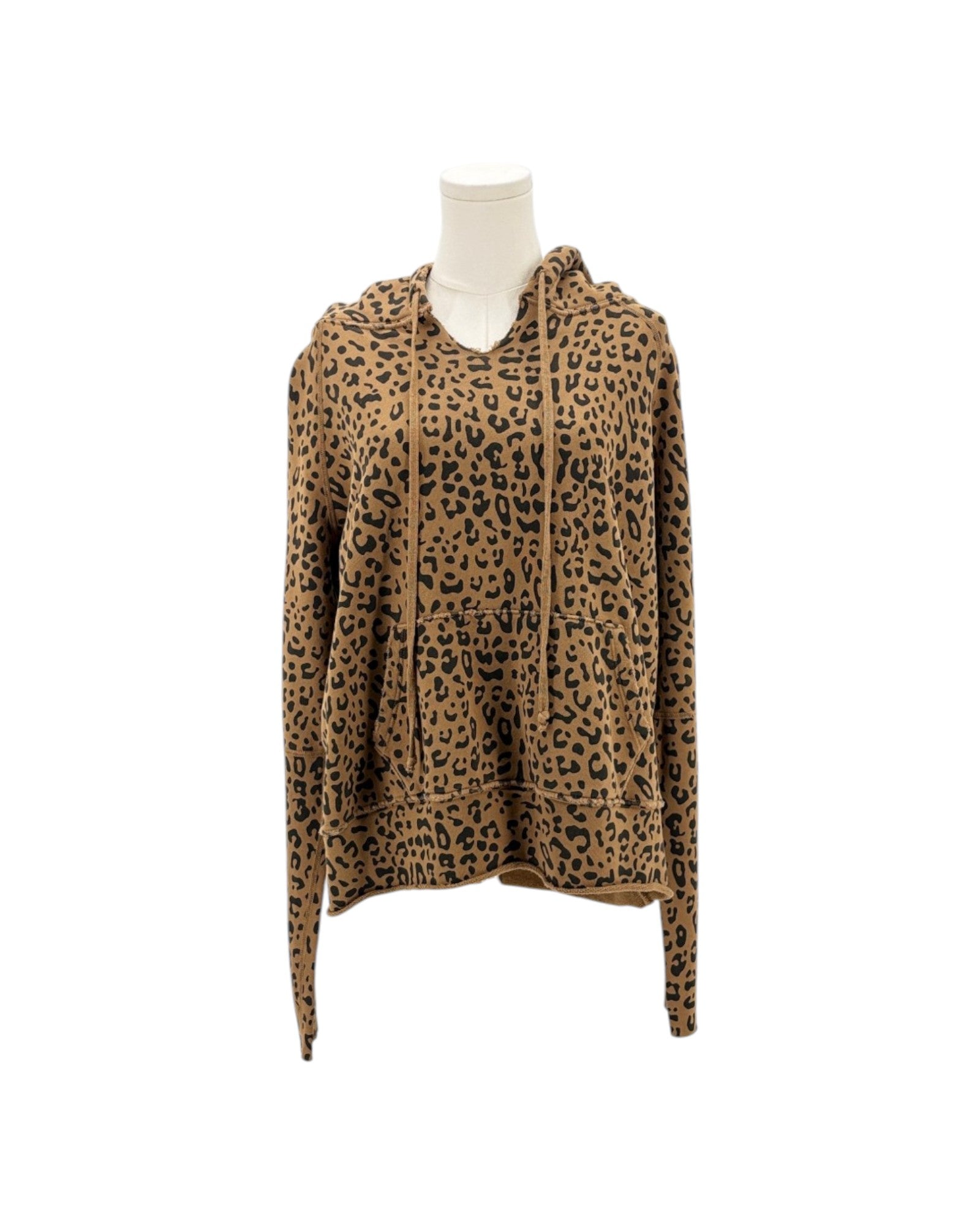 A leopard print hoodie with a brown and black animal pattern, displayed on a white mannequin torso against a plain white background.