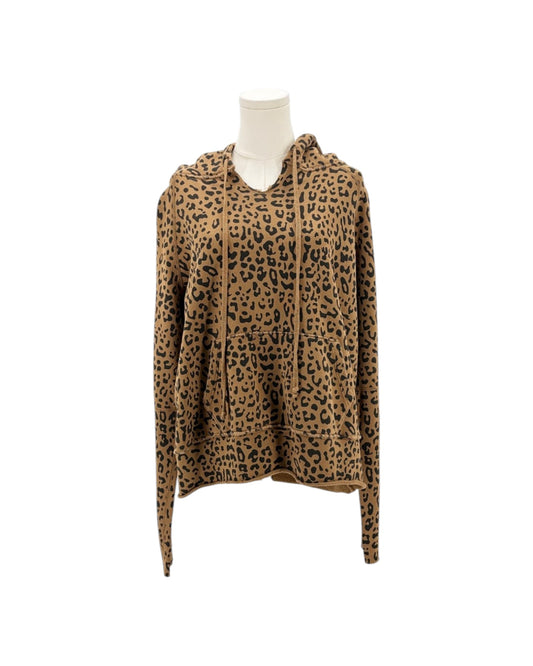 A leopard print hoodie with a brown and black animal pattern, displayed on a white mannequin torso against a plain white background.