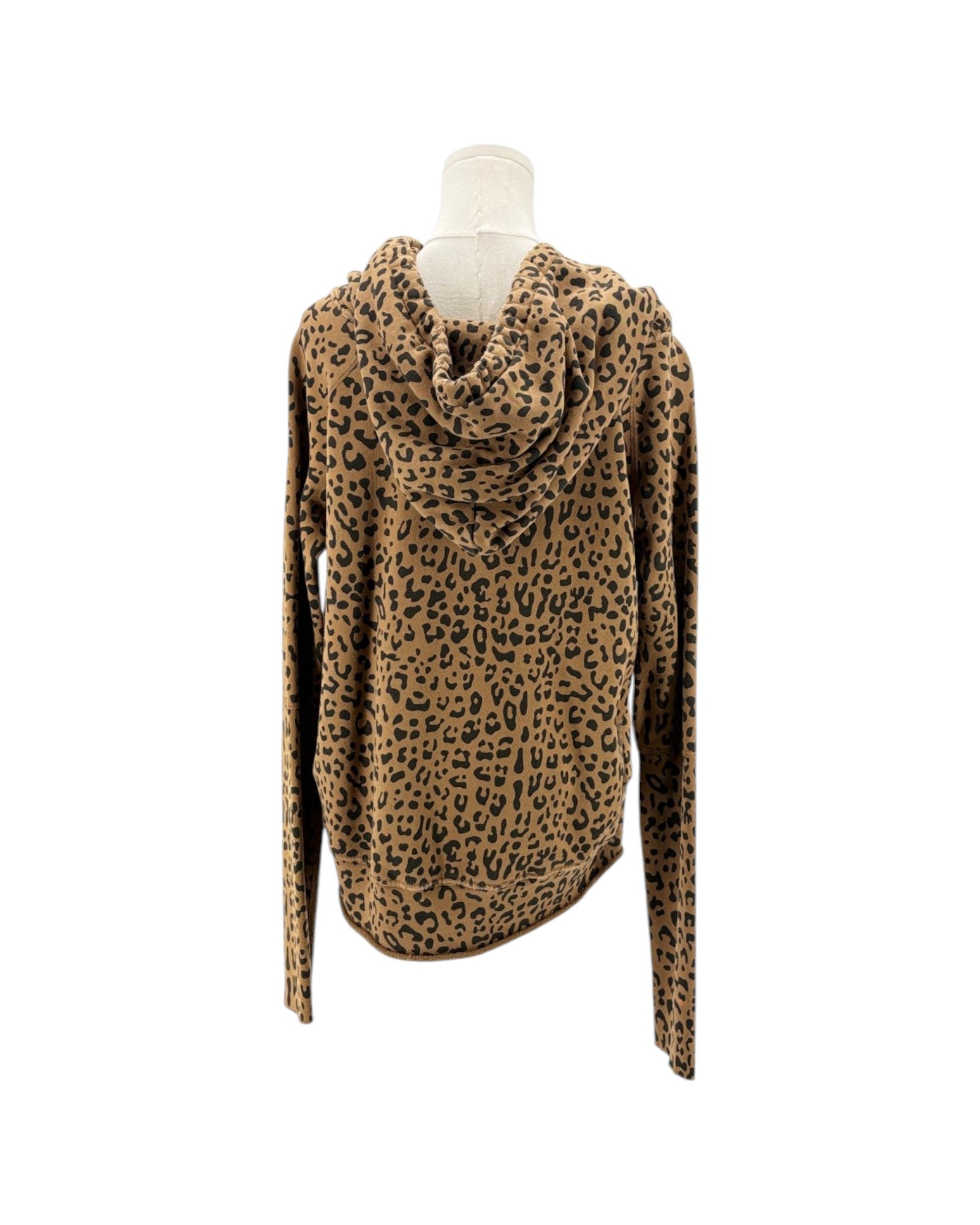 A leopard print long-sleeve top with a cowl neck, displayed on a white mannequin torso against a plain white background.