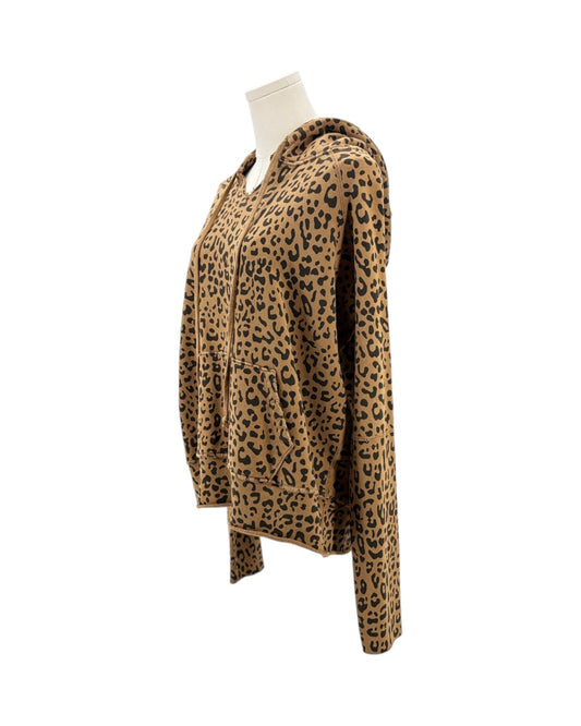 A leopard print zip-up hoodie displayed on a mannequin torso against a plain white background.