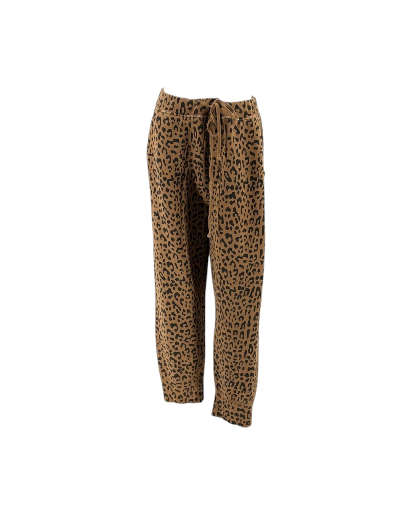 A pair of leopard print pants in brown and black, featuring an elastic waistband with a drawstring, shown against a plain white background.