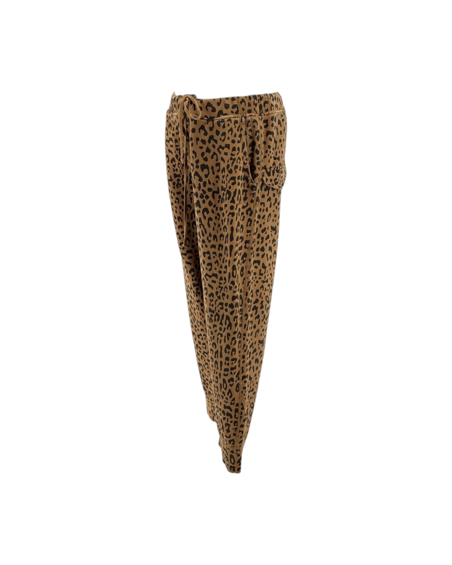 Leopard print pants in brown and black, featuring a drawstring waist and side pockets, shown against a plain white background.