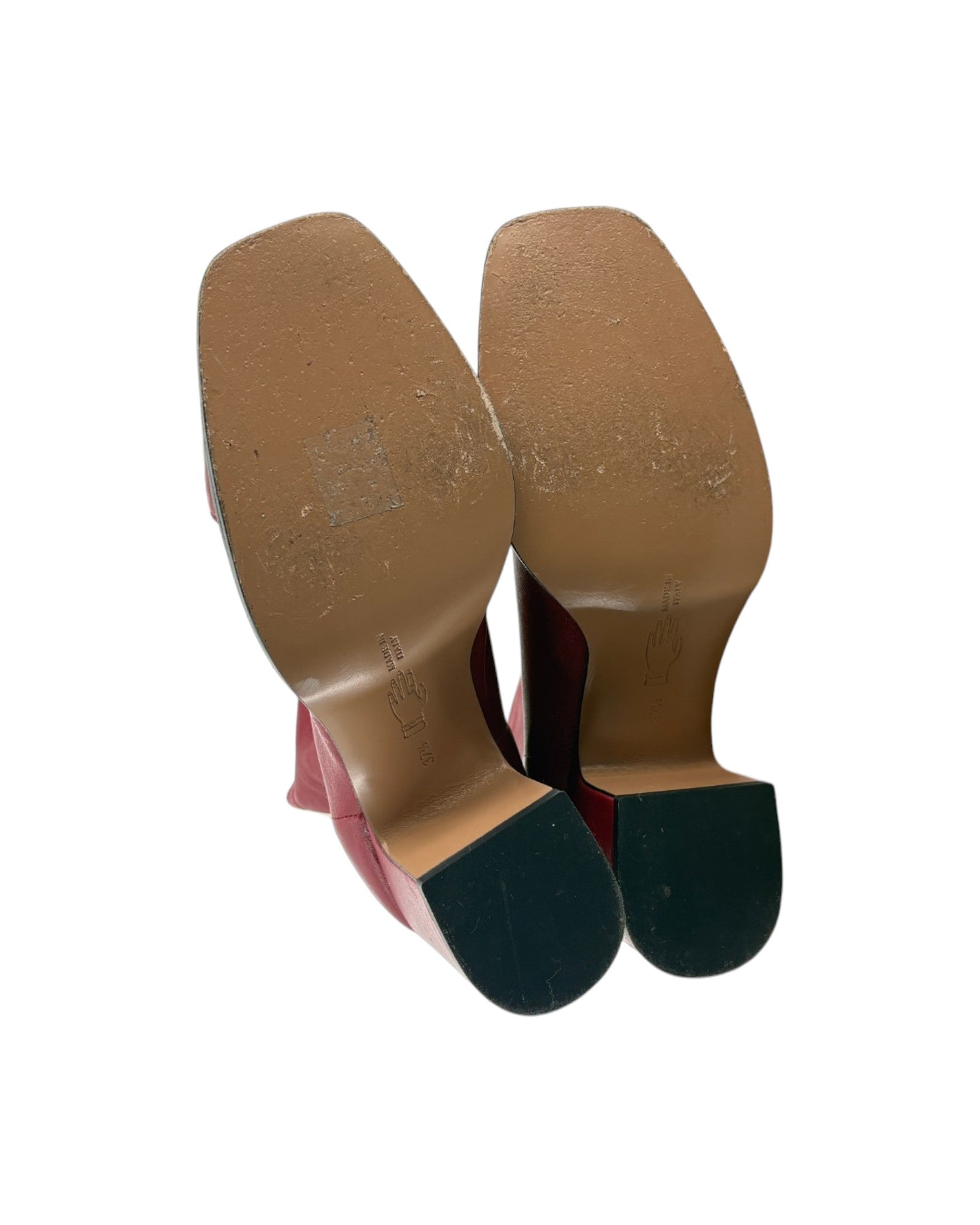 Close-up of the soles of a pair of shoes on a white background