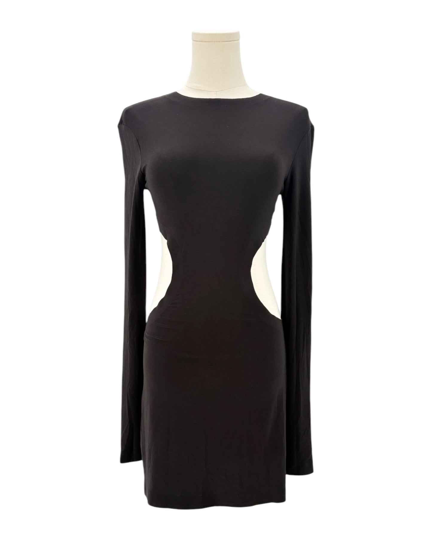 Black dress with cut-out design on a mannequin against a white background
