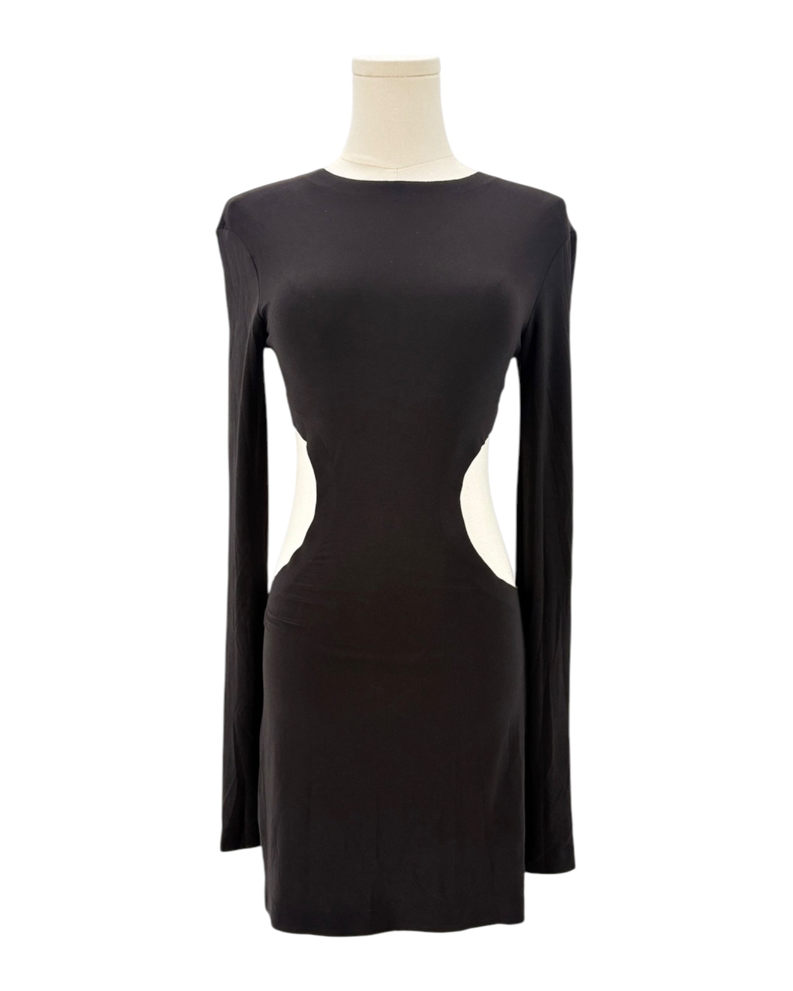 Black dress with cut-out design on a mannequin against a white background