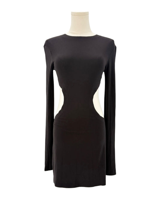 Black dress with cut-out design on a mannequin against a white background