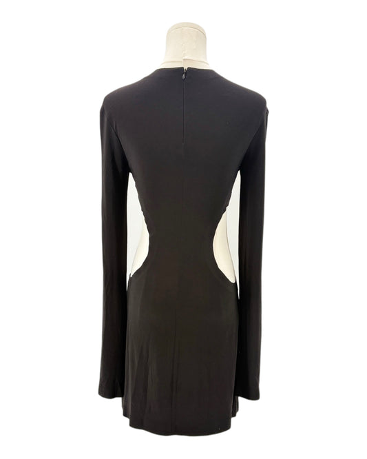 Black dress with cut-out design on a mannequin against a white background
