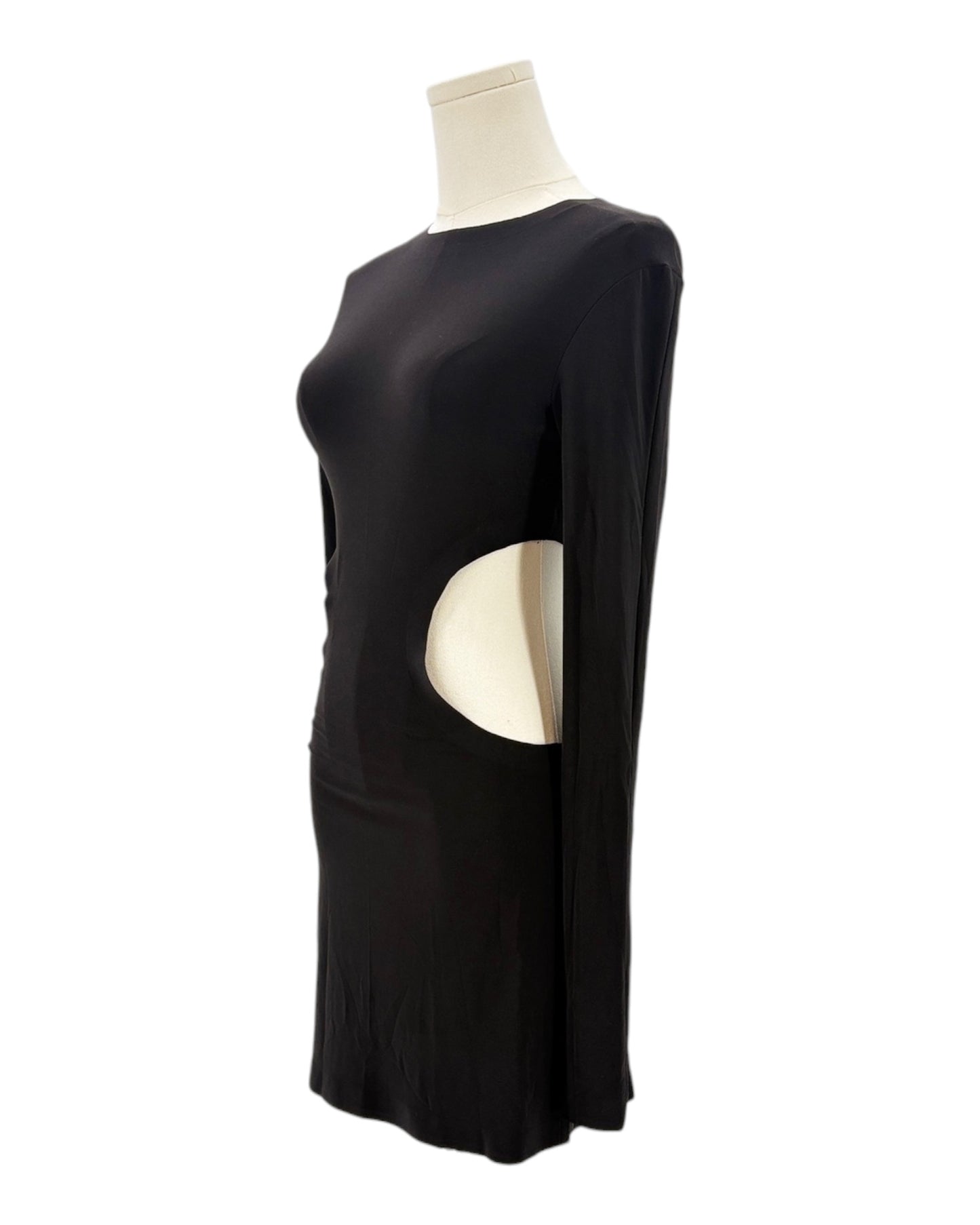 Black dress with cutout design on a mannequin against a white background