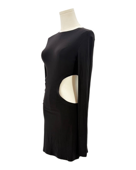 Black dress with cutout design on a mannequin against a white background