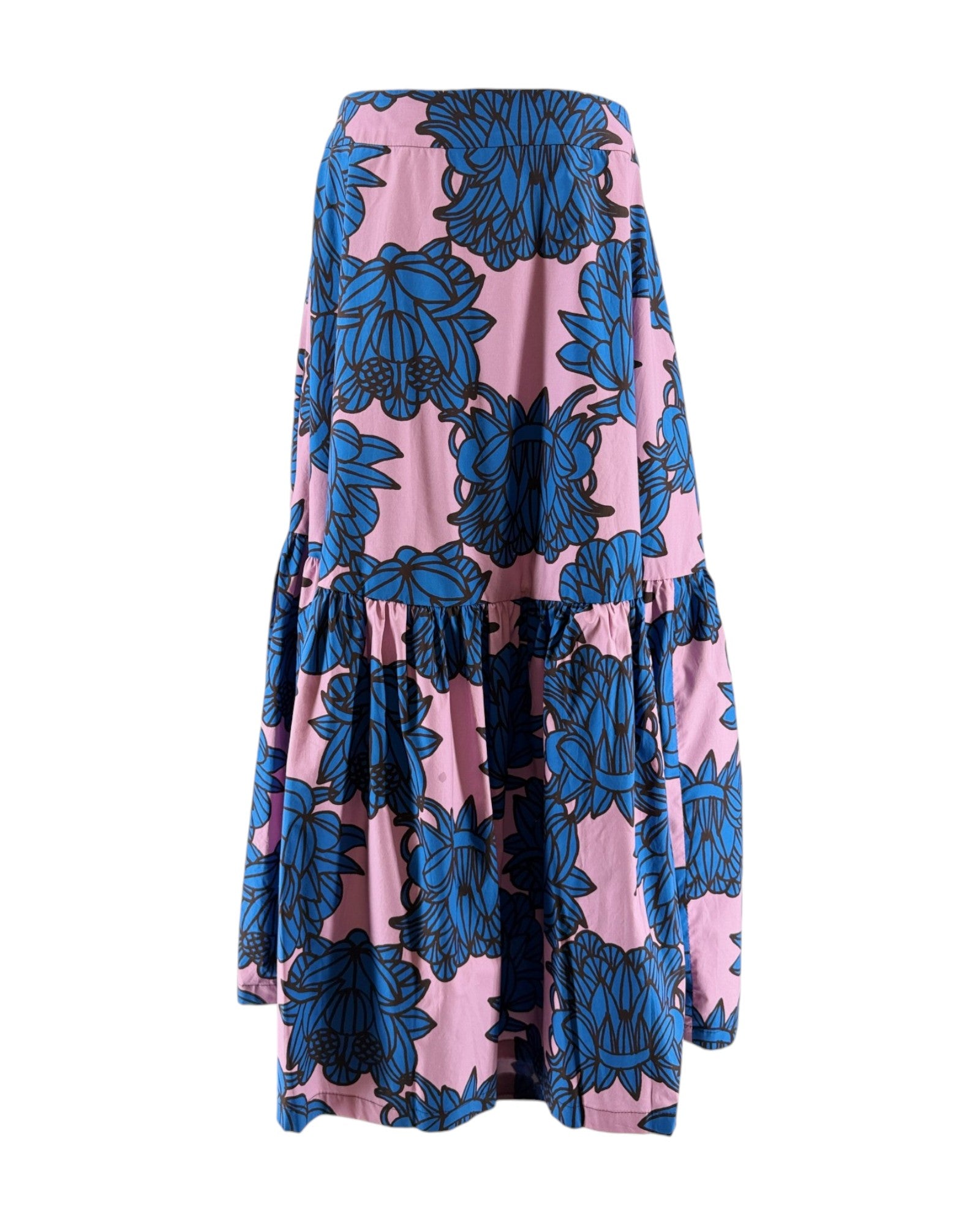 Floral patterned skirt with blue flowers on a pink background