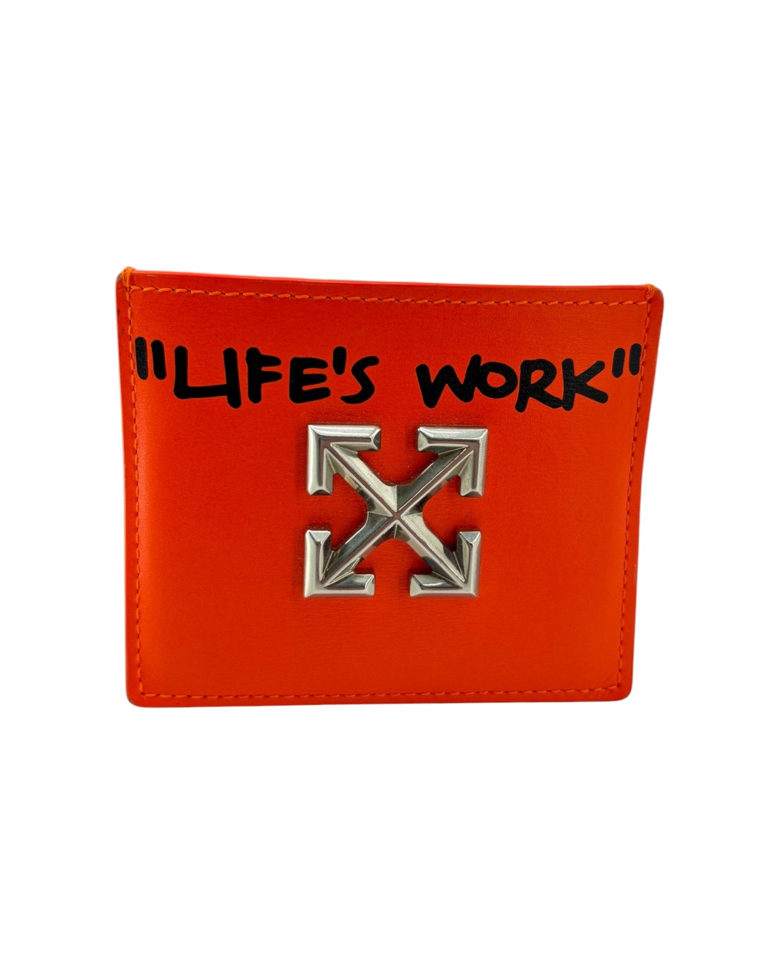 Orange wallet with 'Life's Work' text and silver emblem on a white background
