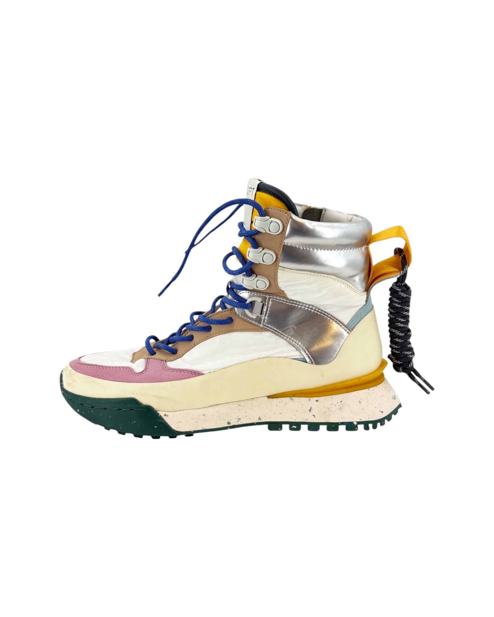 Multicolored high-top sneaker with metallic accents on a white background