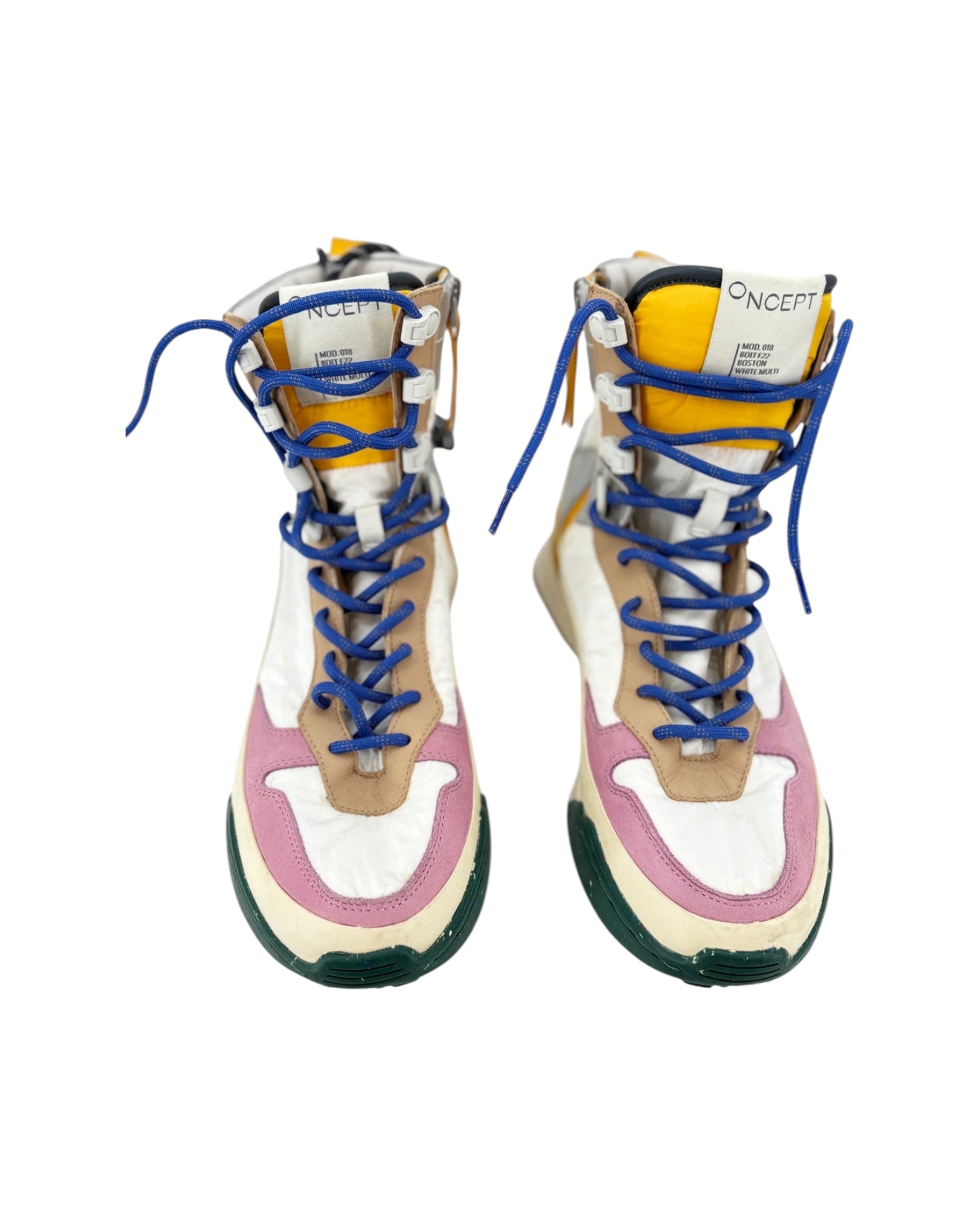 Pair of colorful high-top sneakers with blue laces on a white background