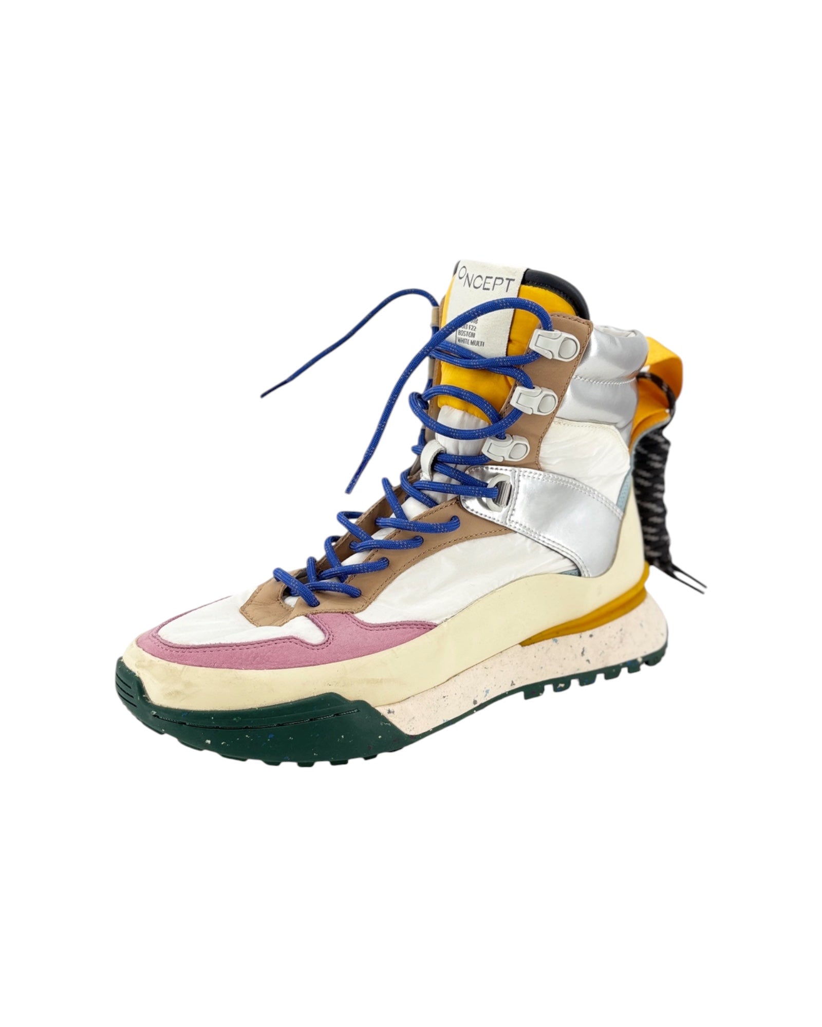 Multicolored sneaker with blue laces on a white background