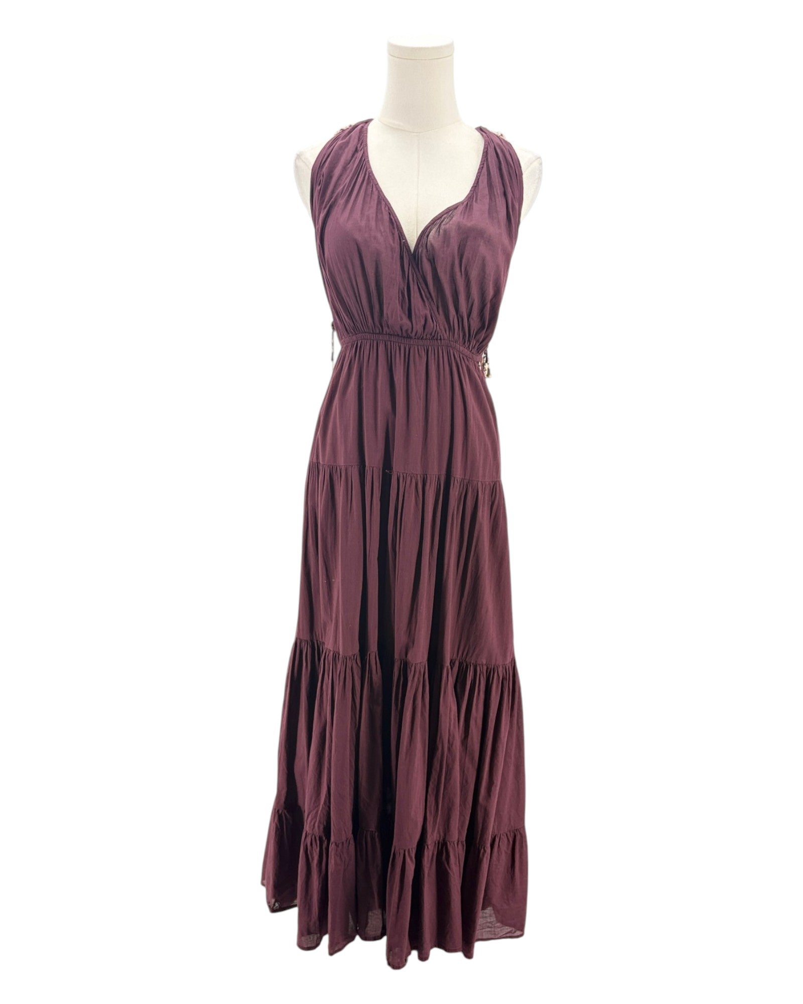 Maroon maxi dress on a mannequin on a white background