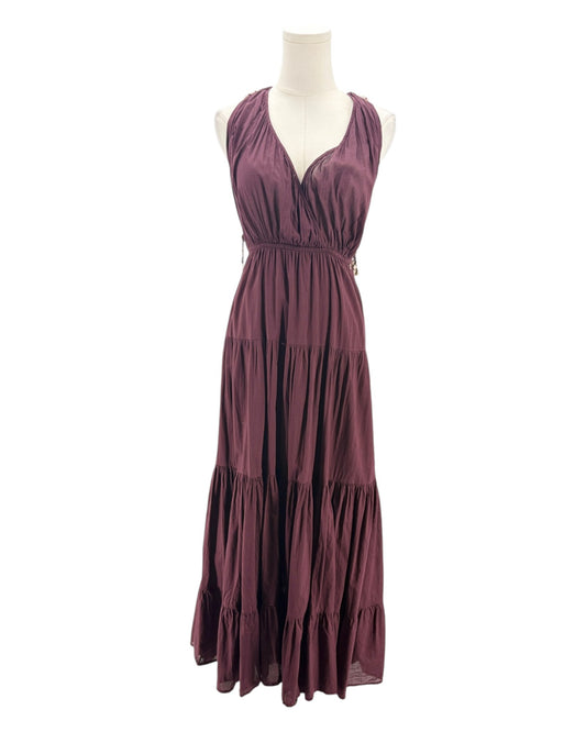 Maroon maxi dress on a mannequin on a white background