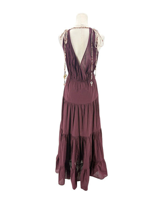Maroon maxi dress on a mannequin on a white background
