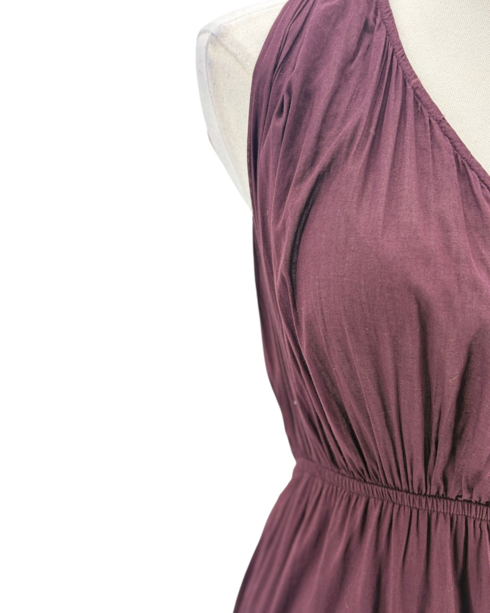 Maroon maxi dress on a mannequin on a white background