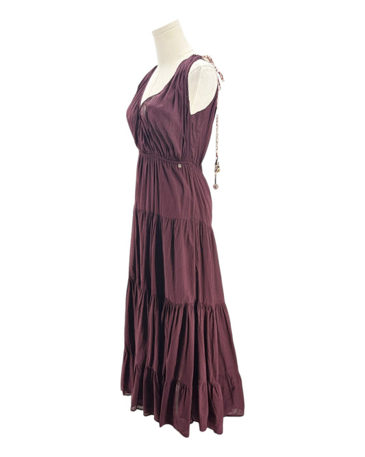 Maroon maxi dress on a mannequin on a white background