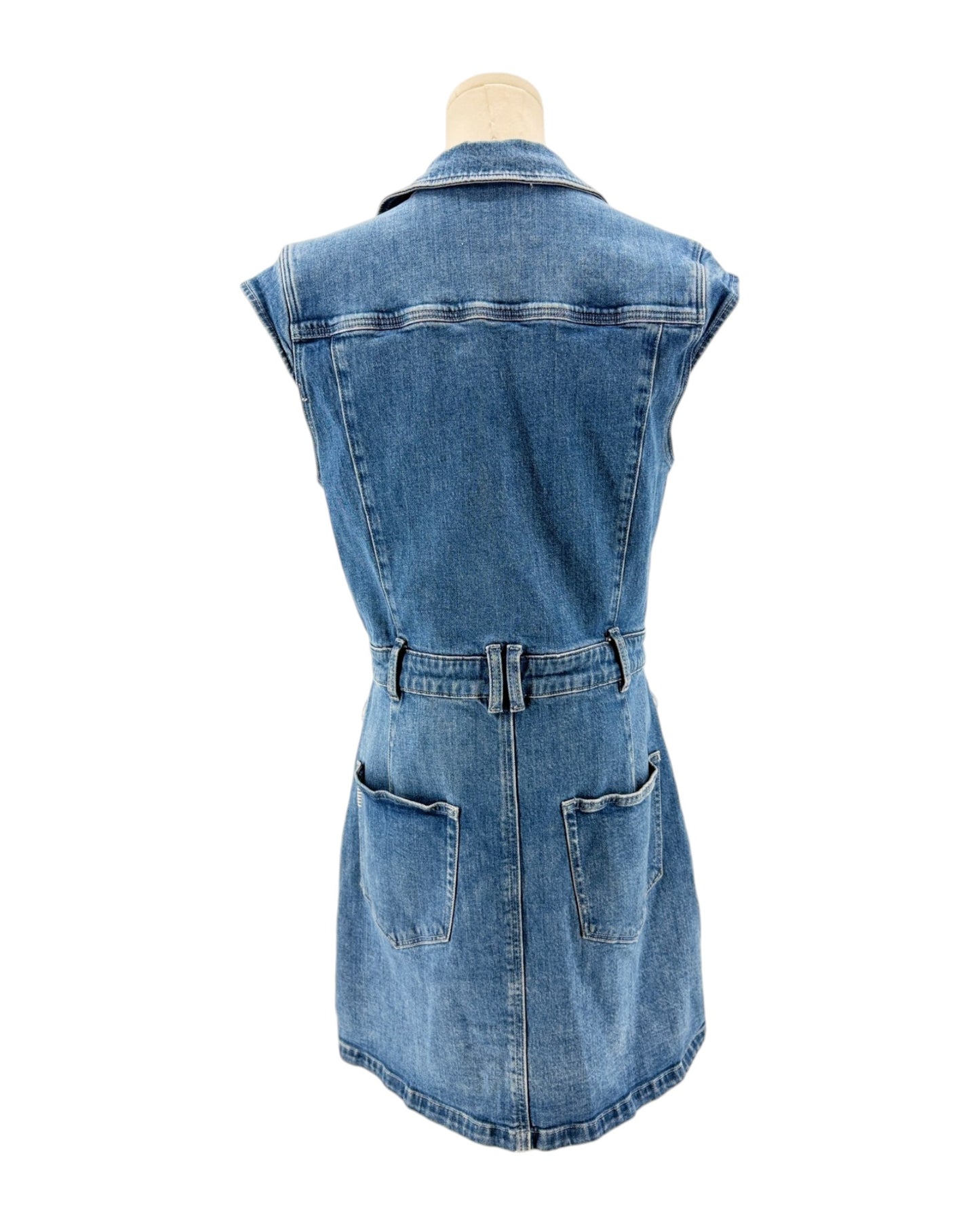 Blue denim dress on a mannequin against a white background