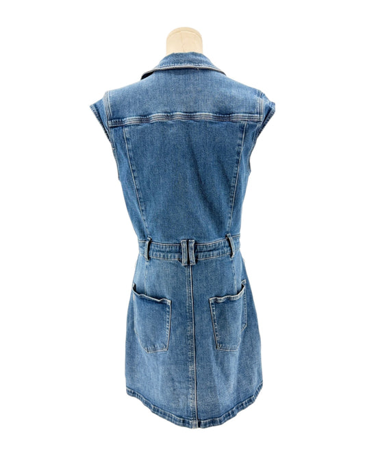 Blue denim dress on a mannequin against a white background