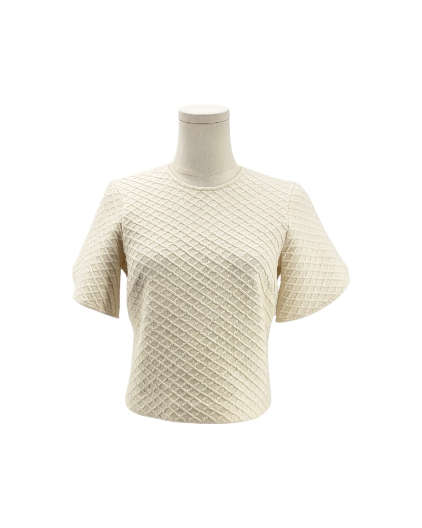 Beige textured short-sleeve top on a mannequin against a white background