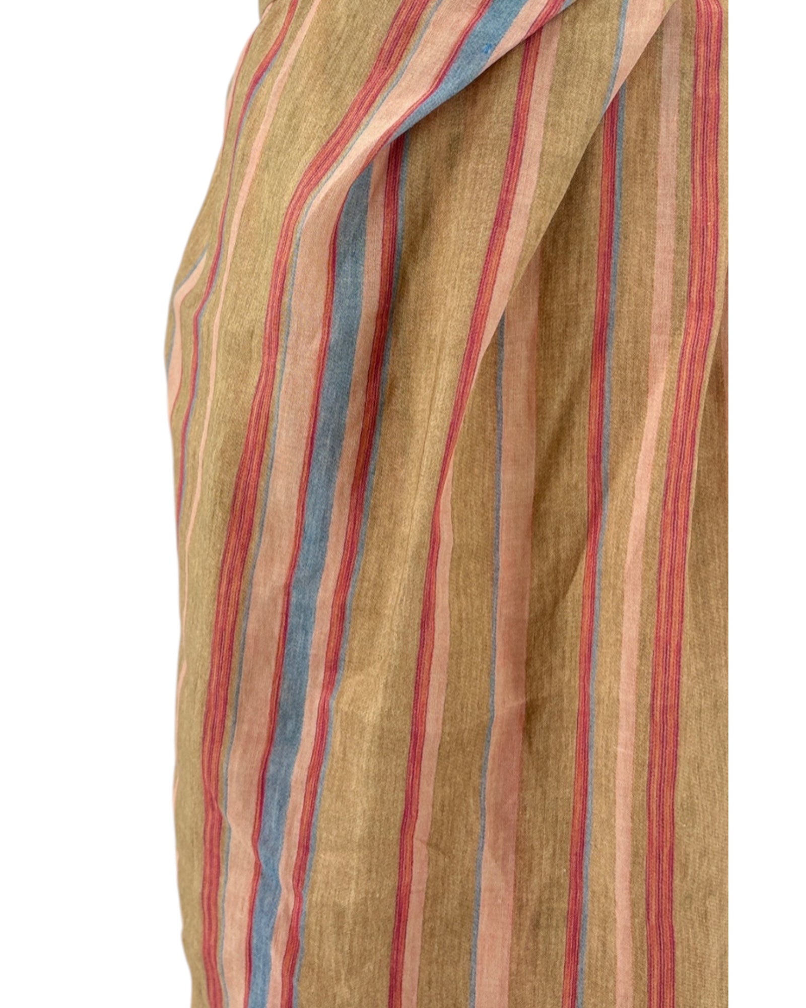 Striped fabric with red, blue, and beige colors on a white background