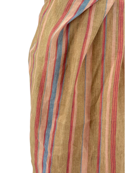Striped fabric with red, blue, and beige colors on a white background