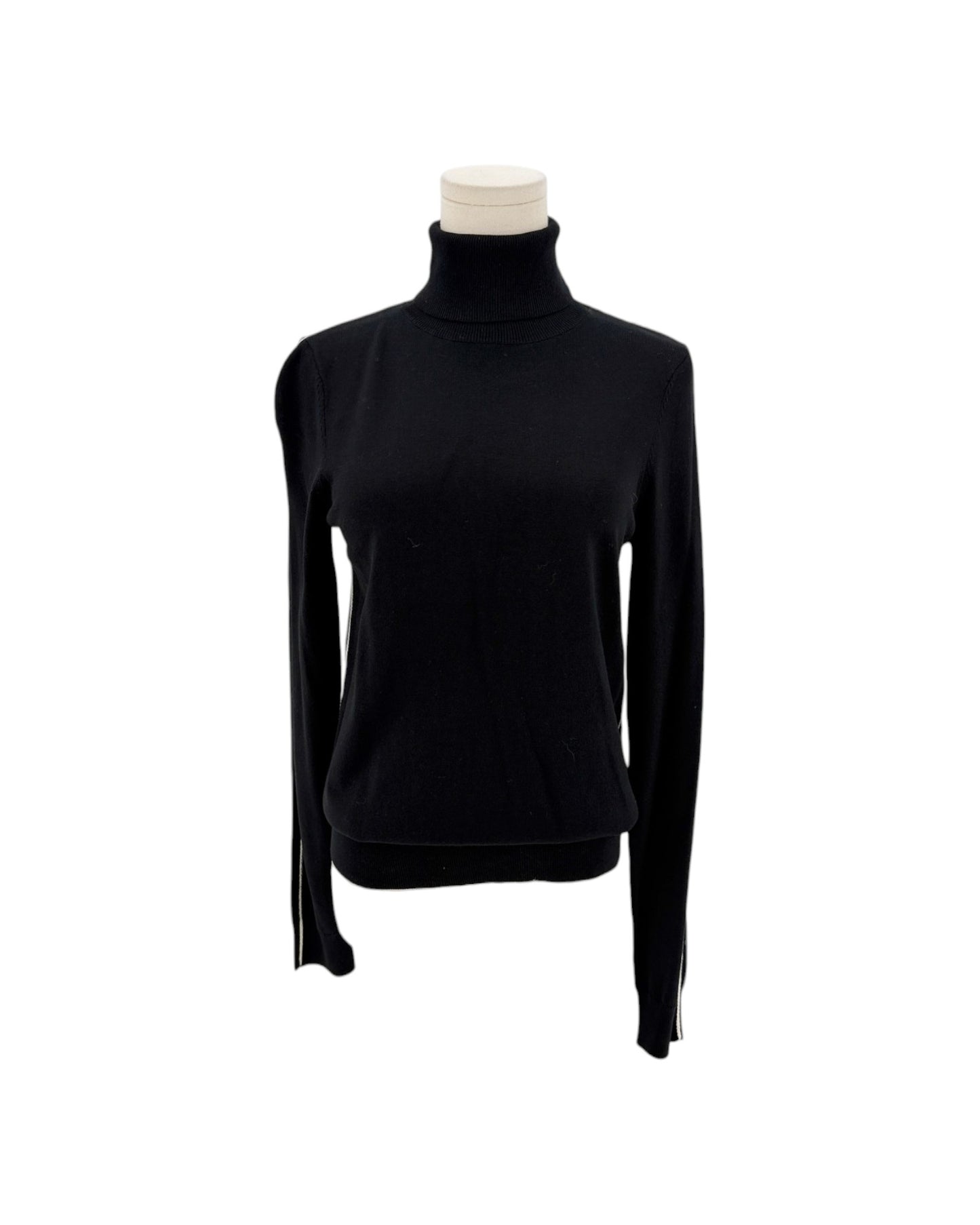 Long sleeve black with a white embroidered strip along the shoulder and sleeve turtleneck sweater on a white background