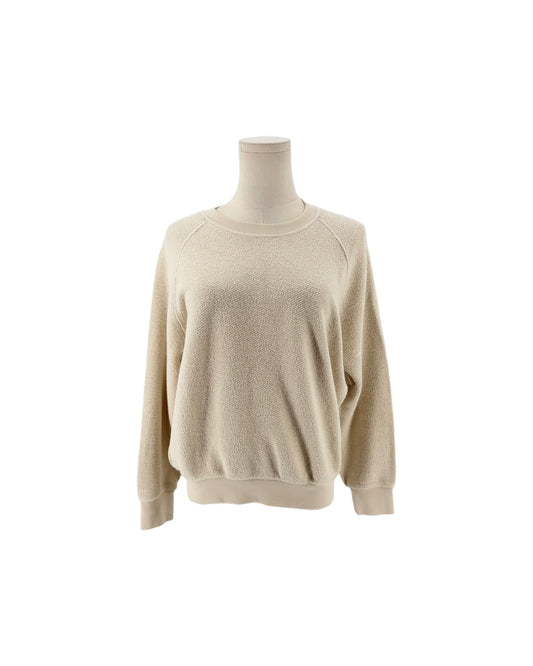 Beige Textured "inside out" cotton fabric, classic crew neckline, raglan style sleeves sweatshirt on a white background on a mannequin